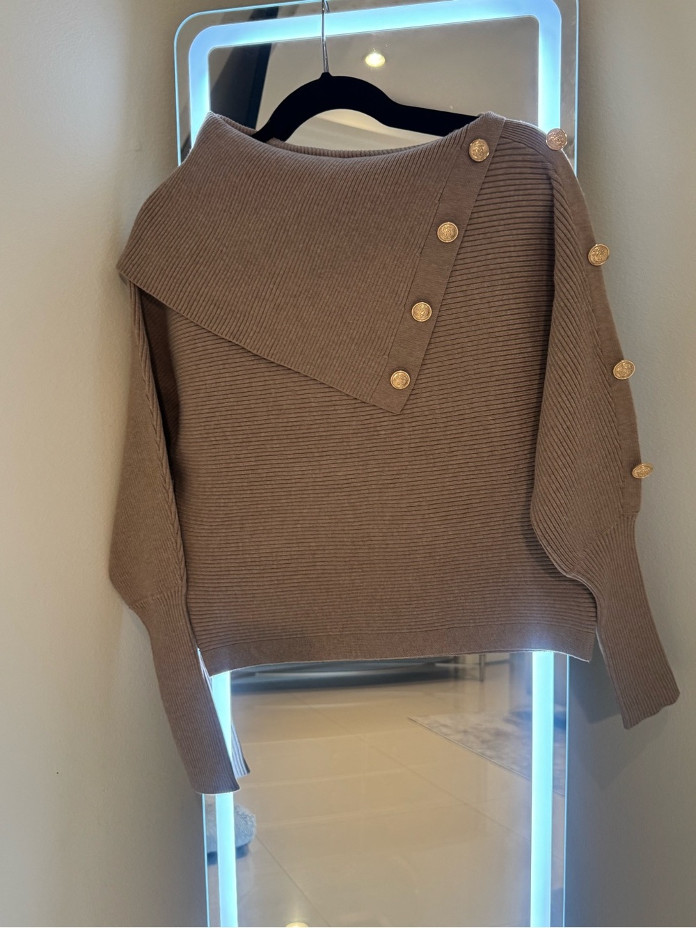 Marc New York Taupe Off-the-Shoulder Button-Accent Sweater